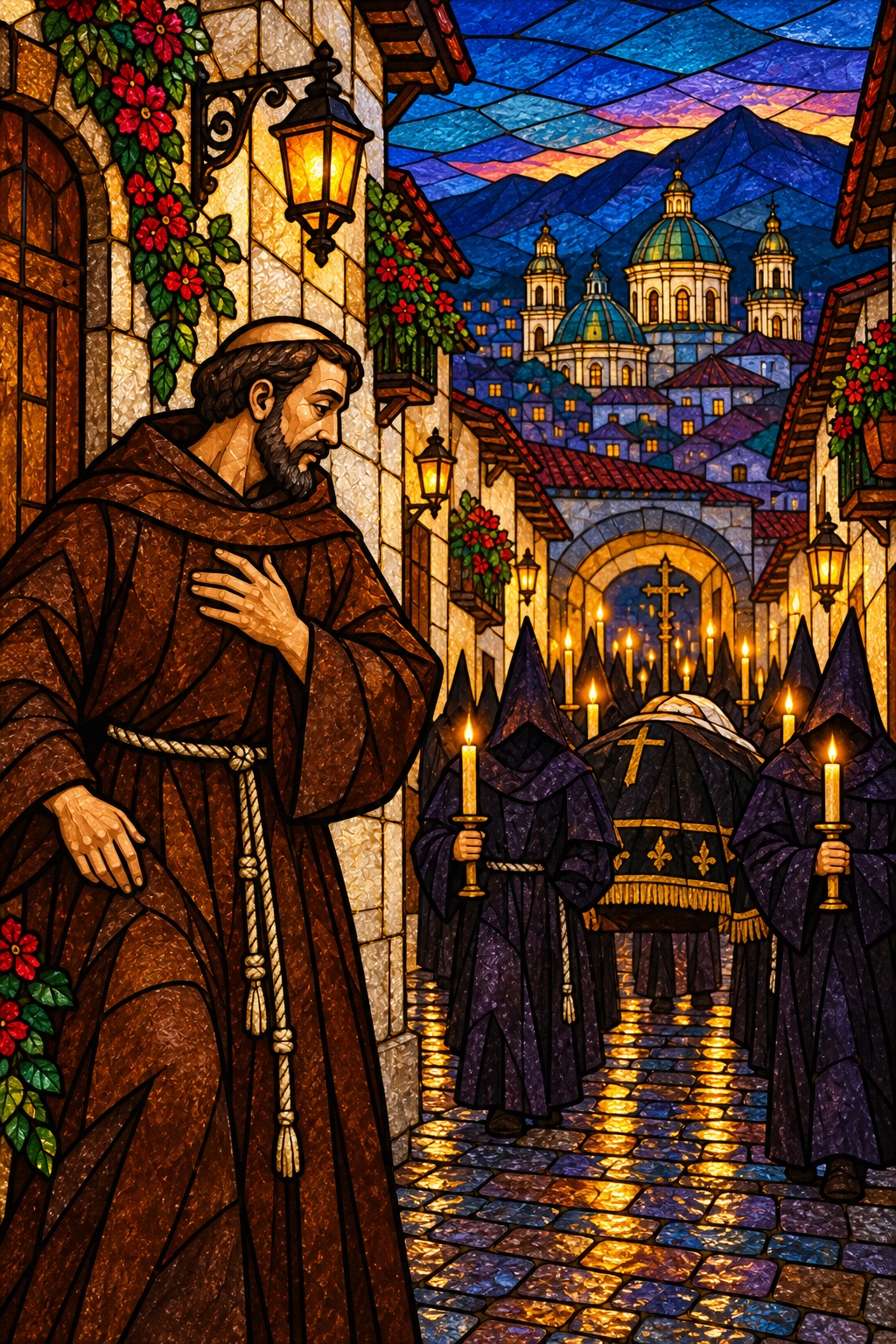 Vitral del Padre Almeida frente a un cortejo nocturno en el Quito colonial