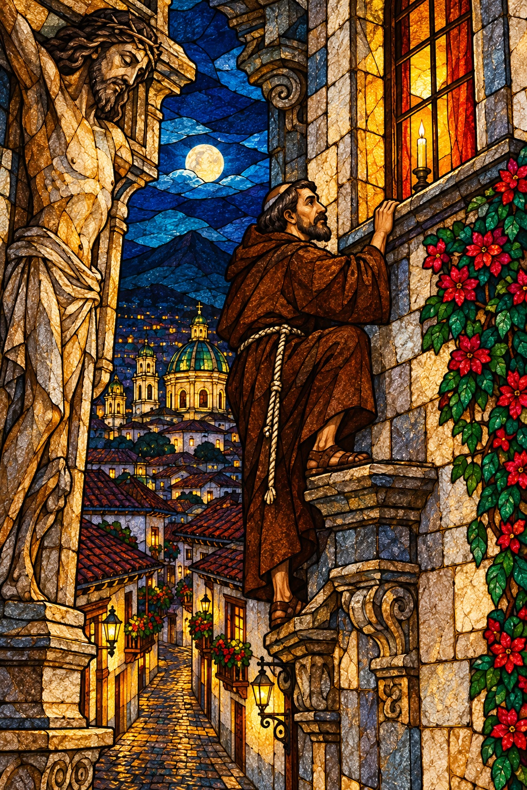 Vitral del Padre Almeida junto a la imagen de Cristo y una ventana del convento