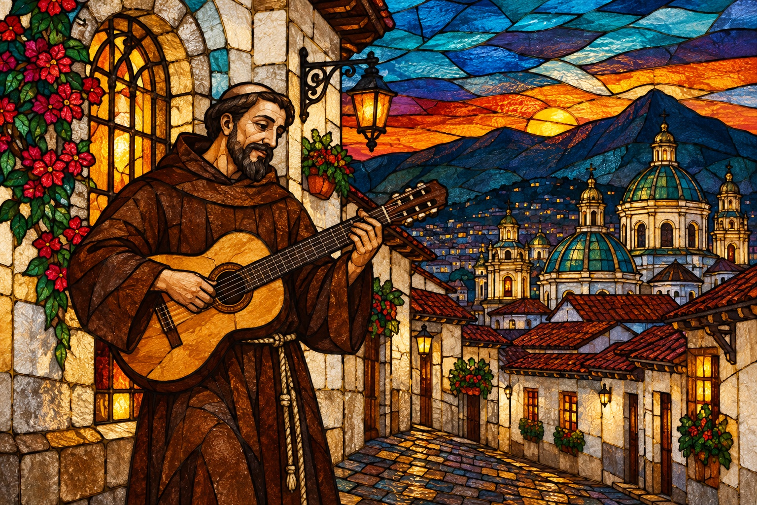 Vitral del Padre Almeida con su guitarra frente al Quito colonial